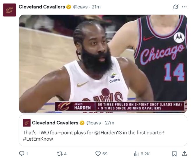 哈登36分率骑士狂胜公牛 末节关键中投锁定胜局